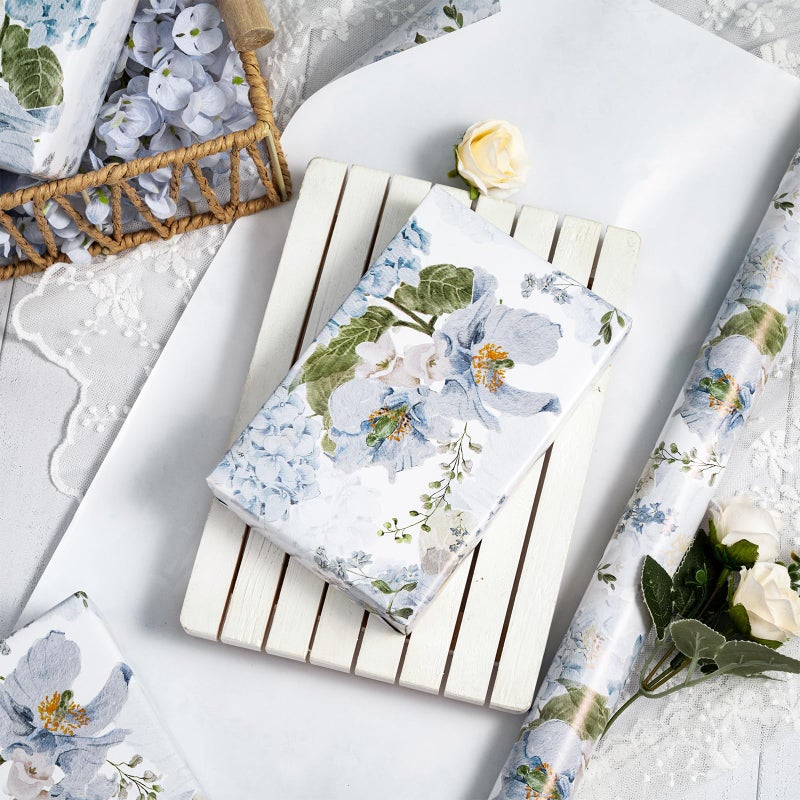 LeZakaa Floral Wrapping Paper Roll, Blue Hydrangea Flowers Party Gift Wrap for Wedding, Bridal Shower, Baby Shower, Anniversary, Mother's Day, Birthday, 17 inches x 16.4 Feet (23.2 sq.ft.) - Image 3