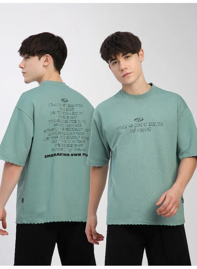 Beyoung Teal Green Peace Printed Ribbed Edge Oversized T-Shirt