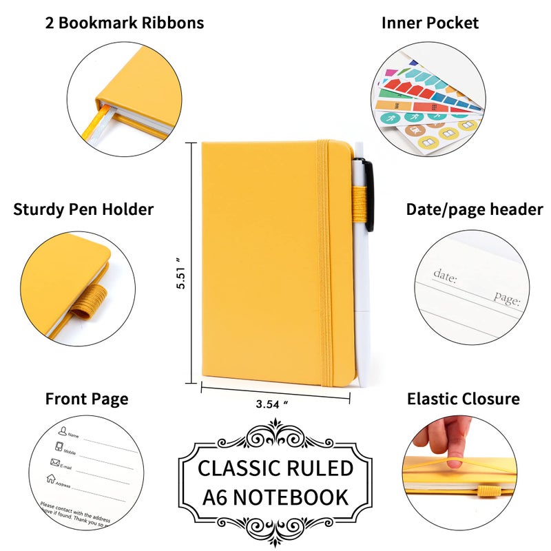feela 15 Pack Pocket Small Notebooks Bulk, Mini Cute Notepads Hardcover College Ruled Lined Journals with Pen Holder for School Business Memos, with 15 Black Pens, 3.5â€x 5.5â€, A6, Yellow - Image 2