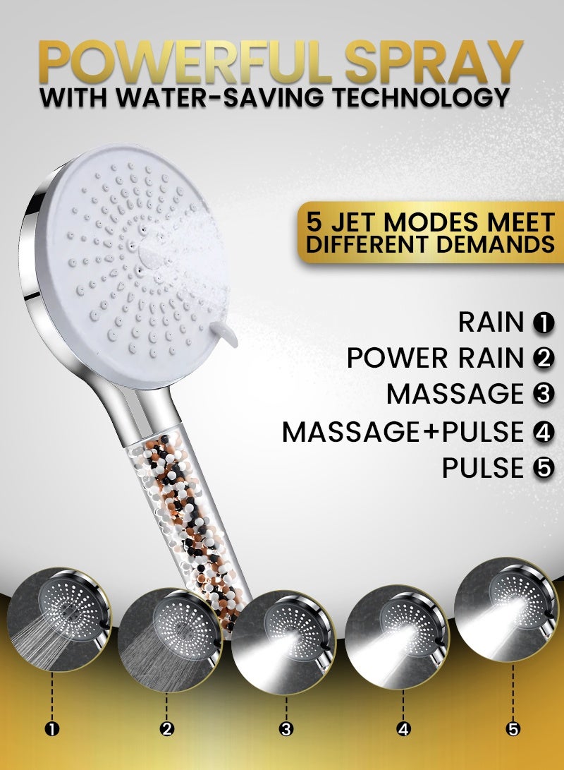 ABJ High Pressure Handheld Shower Head – 5 Spray Modes, Water Saving Filter with Vitamin C & Aroma Beads, Improves Skin & Hair, Universal Fit with 1.5m Hose & Holder - Image 2