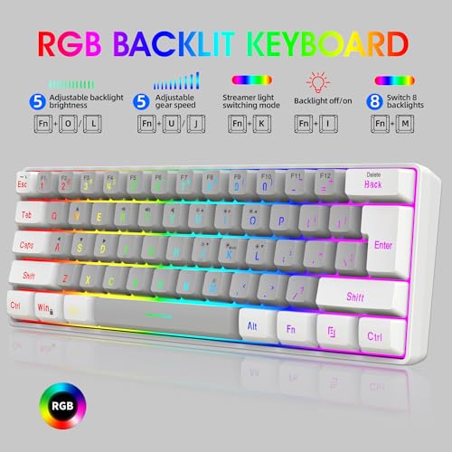 Snpurdiri 60% Wired Gaming Keyboard, SmallUltra-Compact 61 Keys RGB Backlit 60 Percent Gaming Keyboard for PC/Mac Gamer, Typist, Travel, Easy to Carry on Business Trip(White-Grey) - Image 2