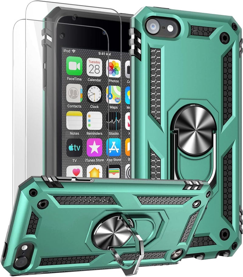 ULAK Compatible with iPod Touch 7/6/5 Case with 2 HD Screen Protectors, Hybrid Rugged Shockproof Cover with Built-in Kickstand for iTouch 5th/6th/7th Generation, Cyan - Image 1
