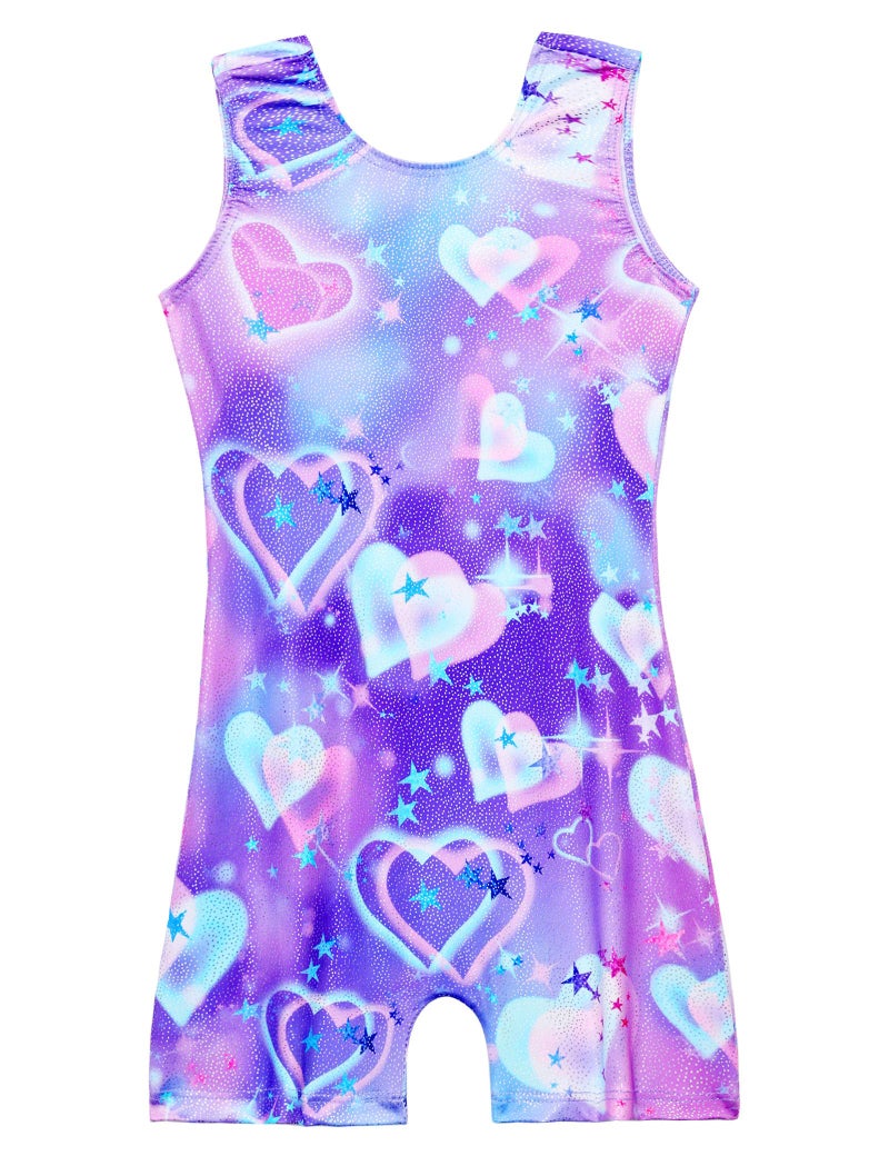 Domusgo Girls Gymnastics Leotards with Shorts Size 5-6 Years Old Purple Blue Hearts Metallic Tumble Activewear - Image 1