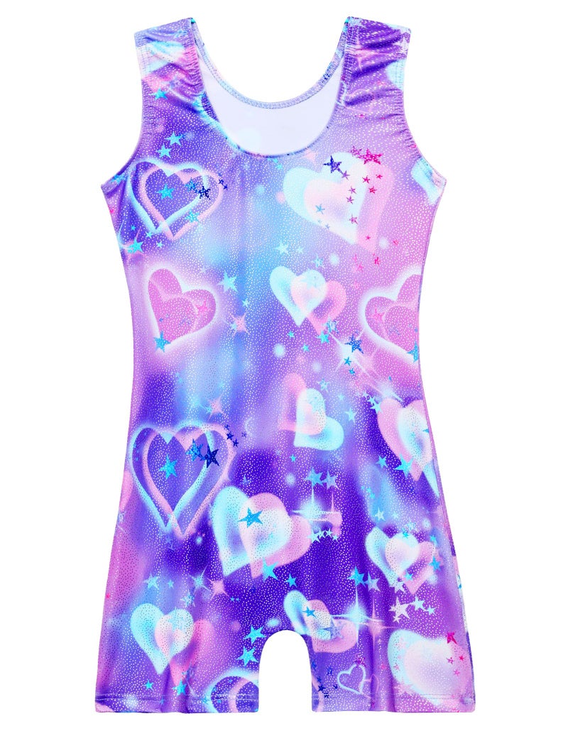 Domusgo Girls Gymnastics Leotards with Shorts Size 5-6 Years Old Purple Blue Hearts Metallic Tumble Activewear - Image 2