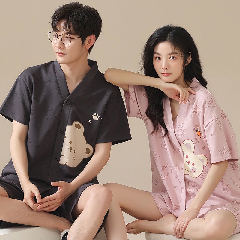Couple Pajamas New Style Kimono Women's Summer Short-sleeved Shorts Cotton Thin Large Size Men's and Women's Two-piece Home Clothes - Image 2