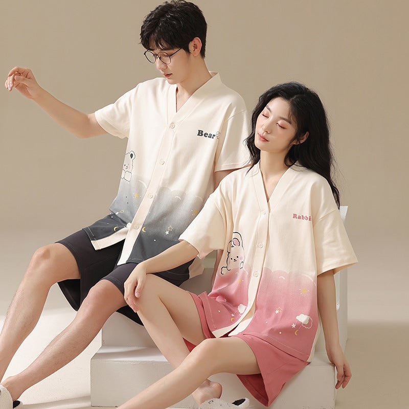 Couple Pajamas New Style Kimono Women's Summer Short-sleeved Shorts Cotton Thin Large Size Men's and Women's Two-piece Home Clothes - Image 3