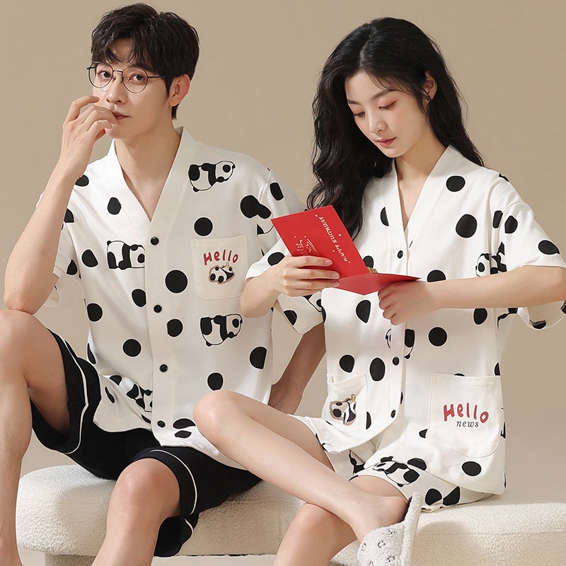 Couple Pajamas New Style Kimono Women's Summer Short-sleeved Shorts Cotton Thin Large Size Men's and Women's Two-piece Home Clothes - Image 1