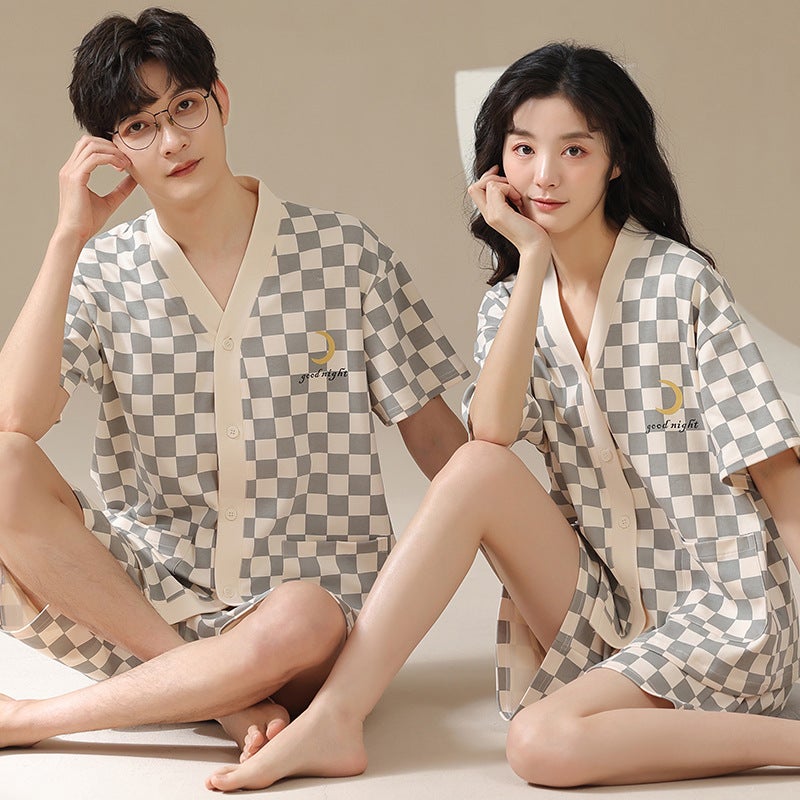 Couple Pajamas New Style Kimono Women's Summer Short-sleeved Shorts Cotton Thin Large Size Men's and Women's Two-piece Home Clothes - Image 5