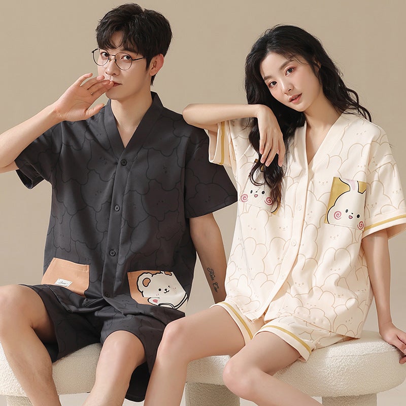 Couple Pajamas New Style Kimono Women's Summer Short-sleeved Shorts Cotton Thin Large Size Men's and Women's Two-piece Home Clothes - Image 4