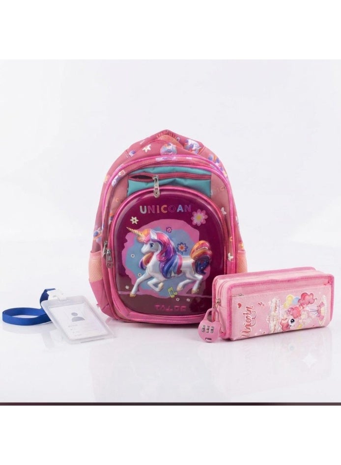 School supplies set: school bag, unicorn pencil case, and name tag. - Image 1
