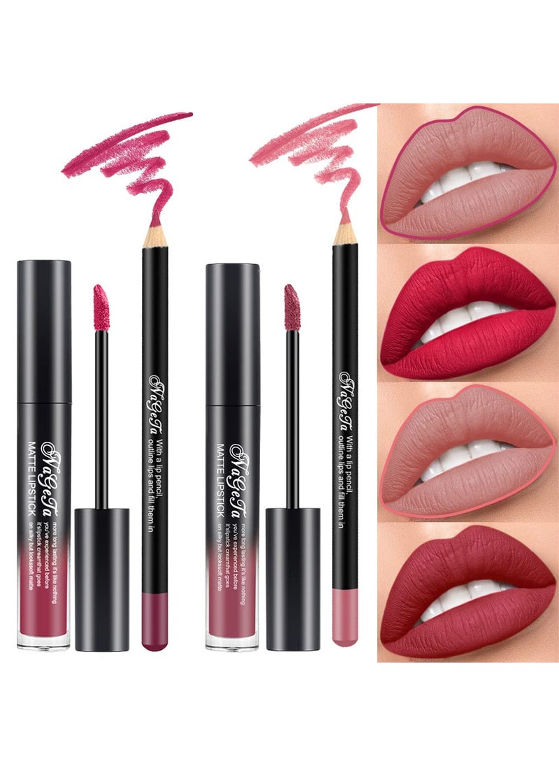 BINGBRUSH - 2 Colors Liquid Matte Lipstick and Lipliner Pack Set, Lip Tint Long Lasting 24 Hour Waterproof Velvet Nonstick Cup Lipgloss Lip Stain Pigmented Lip Makeup Gift Sets for Girls and Women Labiales - Image 1