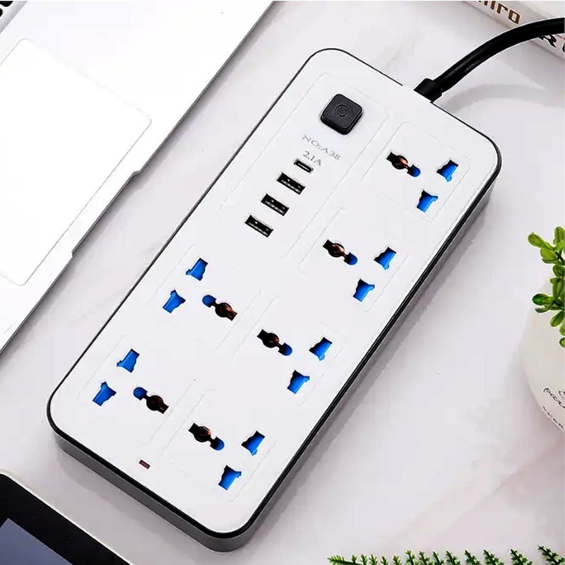 زها سلك تمديد عالمي من زها بطول 5 أمتار مع 6 مقابس طاقة و3 منافذ USB، شريط طاقة 6 منافذ مع منفذ شحن USB نوع C PD، سلك تمديد 5 أمتار - أبيض (6S+3U-1PD+5M) - Image 3