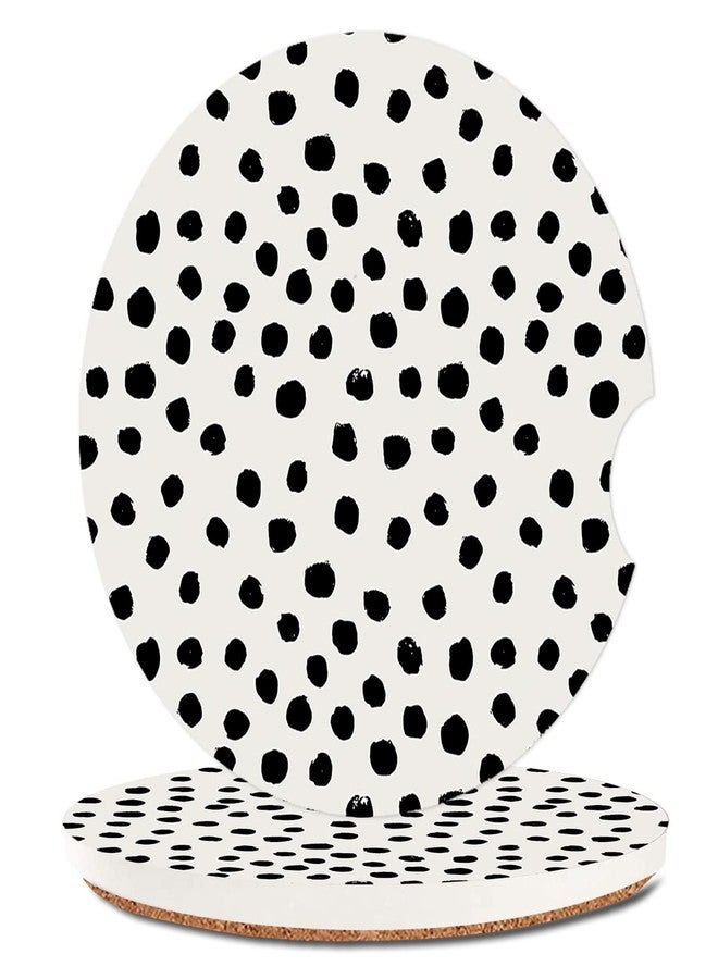 SXboxing Absorbent Car Cupholder Coaster 2 Pack,Ceramic Stone with a Finger Notch for Women & Lady,Cork Base Drink Coasters 2.56 Inch,Cute Auto Accessories Gifts - Cute Black Polka Dot - Image 1