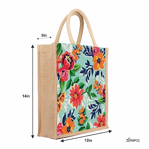 Sangra Multicolour Jute bag for Women and Men Lunch Bag with Zip and Handle (Flower Blue) - Image 3