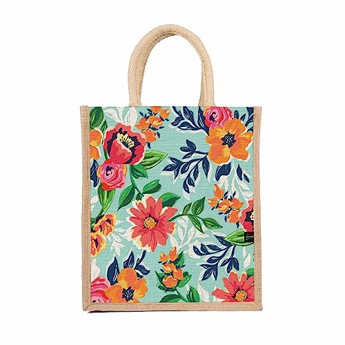 Sangra Multicolour Jute bag for Women and Men Lunch Bag with Zip and Handle (Flower Blue) - Image 1