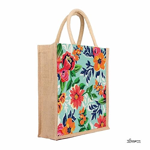Sangra Multicolour Jute bag for Women and Men Lunch Bag with Zip and Handle (Flower Blue) - Image 2