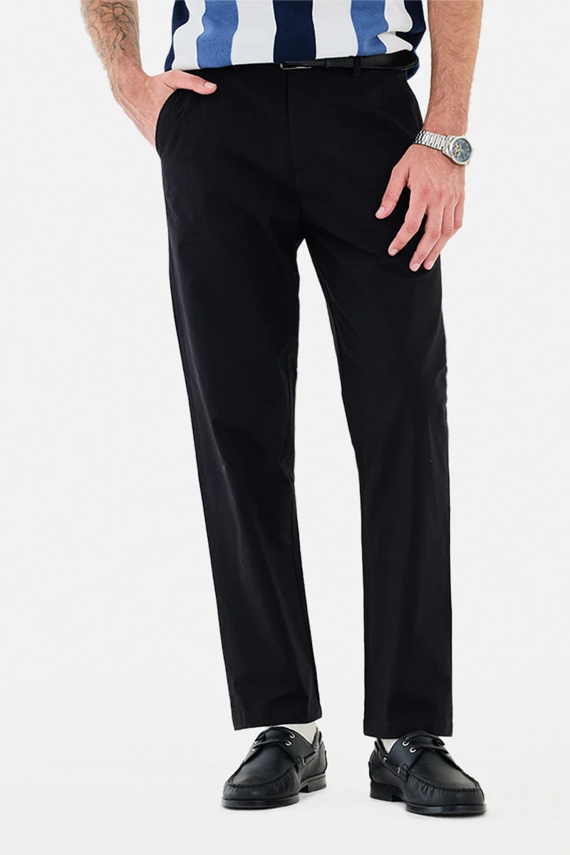 SNITCH Black Solid Regular Fit Casual Trousers