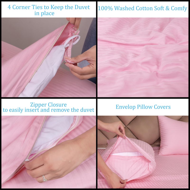 Daksh Premium Cotton 300TC Stain Striped King Size Duvet Cover/Quilt/Razai/Comforter Cover 102" x 110" with 2 Pillow Covers - Pink - Image 3