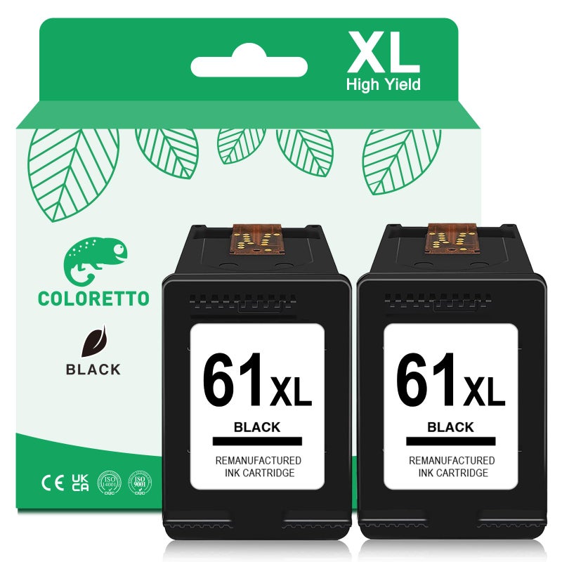 COLORETTO 61XL Black Ink Cartridges for HP 61 Black Ink Cartridge for HP Ink 61 XL for Envy 4500 5530 4501 4502 5535 Officejet 4630 4635 Deskjet 1000 1010 1050 1510 2540 for HP61 Replacement 2 Pack - Image 1