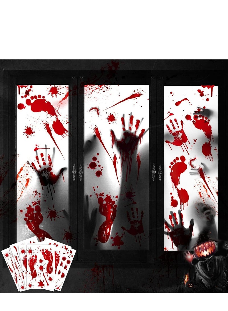 Tersely زينة الهالوين، 8 ورقات 78 قطعة ملصقات نوافذ الهالوين، ملصقات بصمات الأيدي والأقدام الدموية المخيفة للنوافذ والأرضيات والحمامات والزينة الداخلية والخارجية لحفلات الهالوين