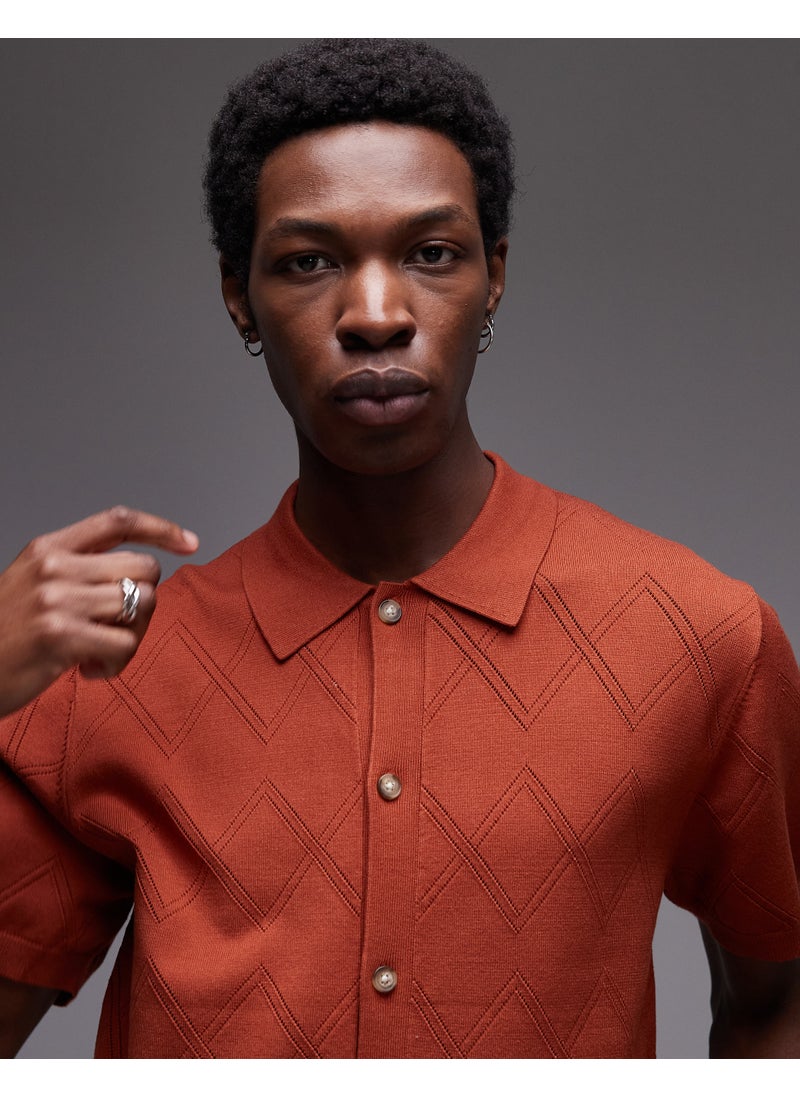 TOPMAN - Knitted Pattern Crochet Shirt In Rust - Image 1