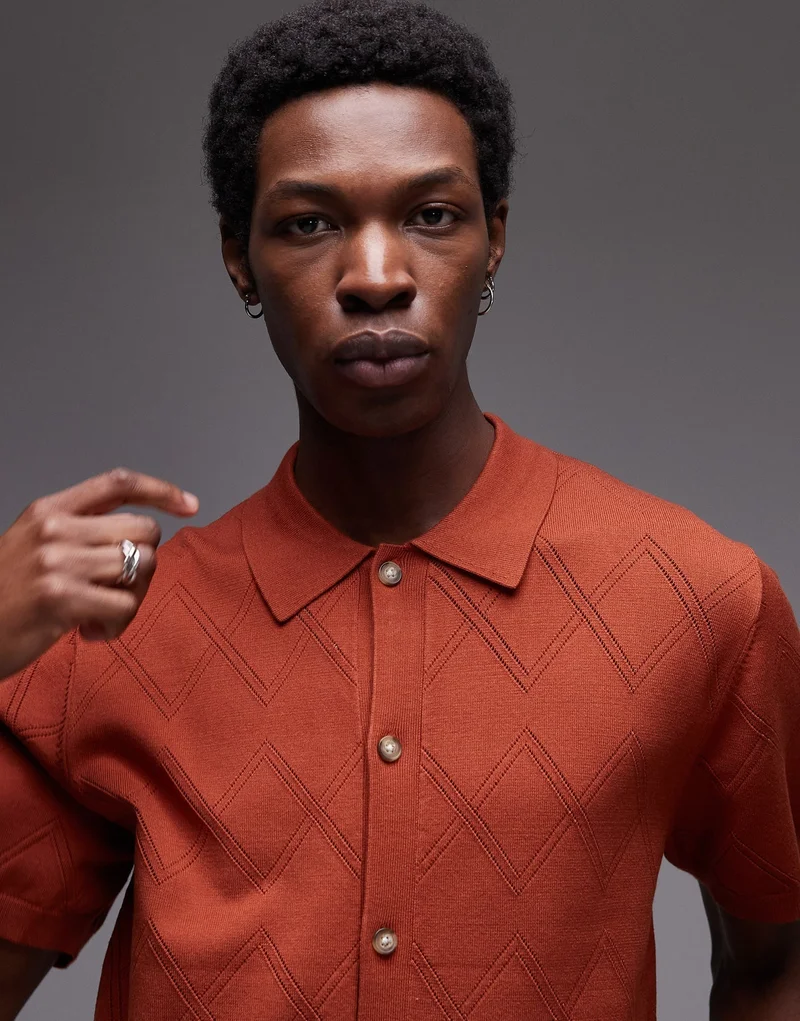 TOPMAN Knitted Pattern Crochet Shirt In Rust