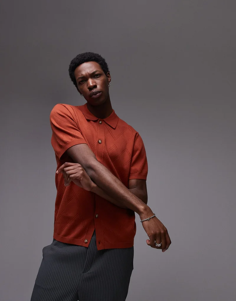 TOPMAN Knitted Pattern Crochet Shirt In Rust