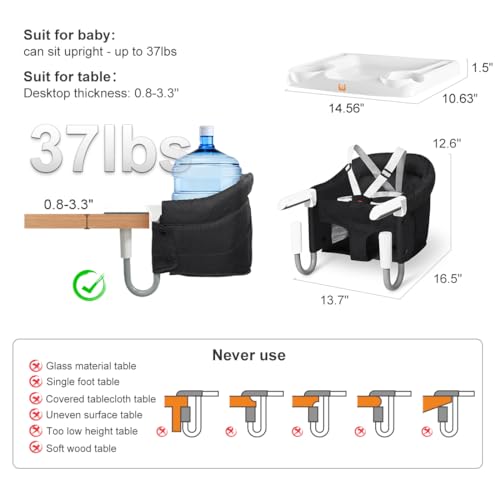 MTWML Hook On High Chair with Tray,Portable Baby High Chair That Attaches to Table,Clip On Fast Table Seat for Babies and Toddlers.Baby Feeding Seat for Dining Tables and Counter(Pure-Black) - Image 3