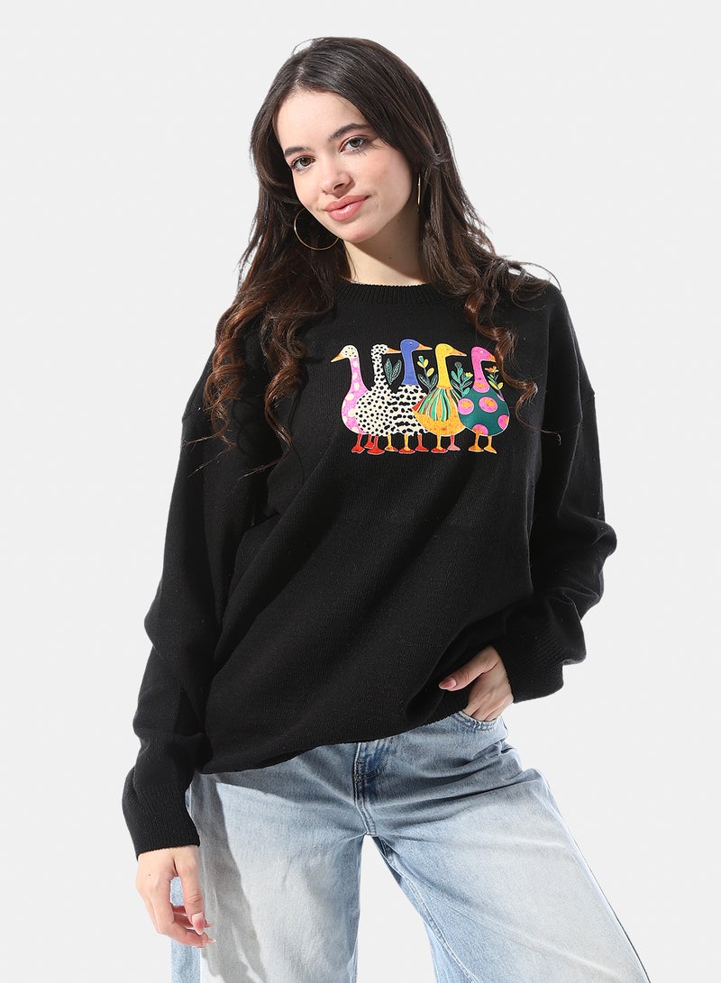 Andora Ribbed Cuffs Patterned Pullover - Image 1