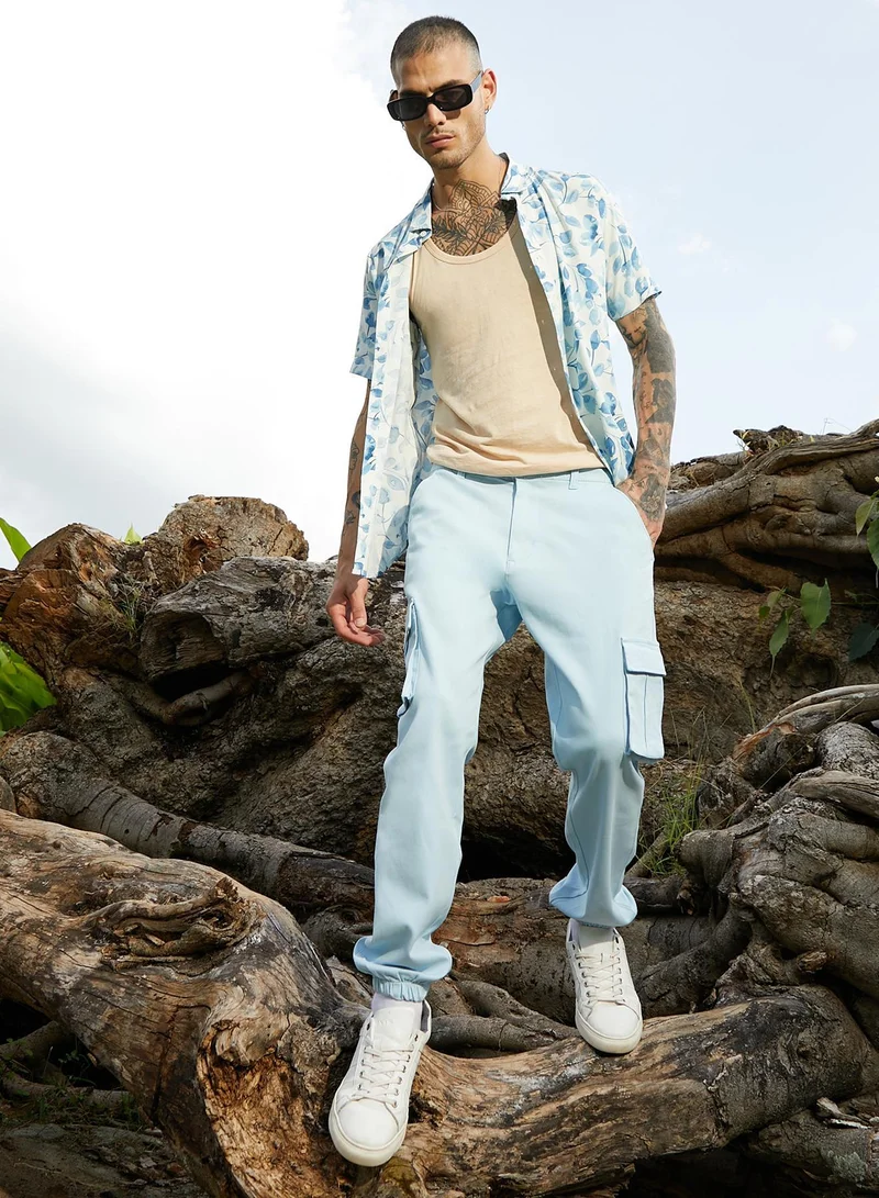 Campus Sutra  Men's Light Blue Cuffed Hem Cargo Trousers for Men | Best Price UAE