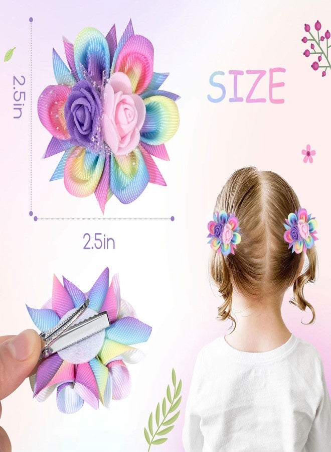 TOKUFAGU 6PCS Hair Bows for Girls, Flower Hair Clips Rainbow Hair Accessories for Girls Toddler Bows with Alligator Clips for Kids Child Teens(Rainbow) - Image 2