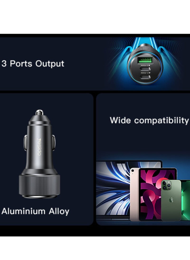 Yesido Y50 Car Charger with Dual Type-C Ports and USB Port – 3-Port Fast Charging Adapter for Smartphones, Tablets, and Other Devices, Compatible with Quick Charge and PD Technologies - Image 2