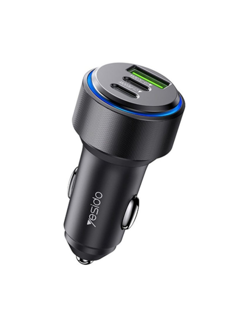Yesido Y50 Car Charger with Dual Type-C Ports and USB Port – 3-Port Fast Charging Adapter for Smartphones, Tablets, and Other Devices, Compatible with Quick Charge and PD Technologies - Image 1