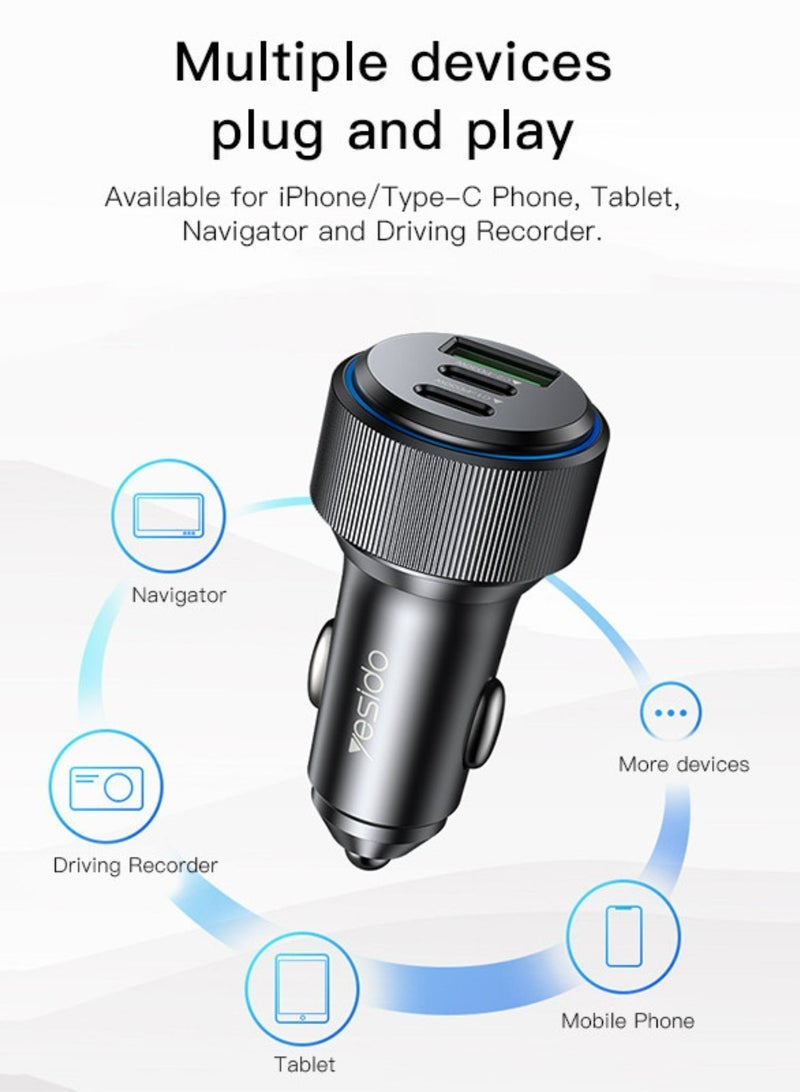 Yesido Y50 Car Charger with Dual Type-C Ports and USB Port – 3-Port Fast Charging Adapter for Smartphones, Tablets, and Other Devices, Compatible with Quick Charge and PD Technologies - Image 5
