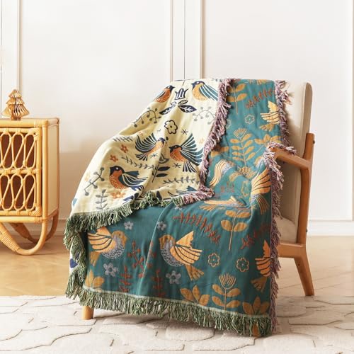 LUTBM Boho Throw Blanket for Couch 100% Cotton Ultra Soft Rustic Quilt Birds and Floral Double Embroidery Fall Throw Blankets,50"×60" All Season Throws for Sofa Chair - Image 2