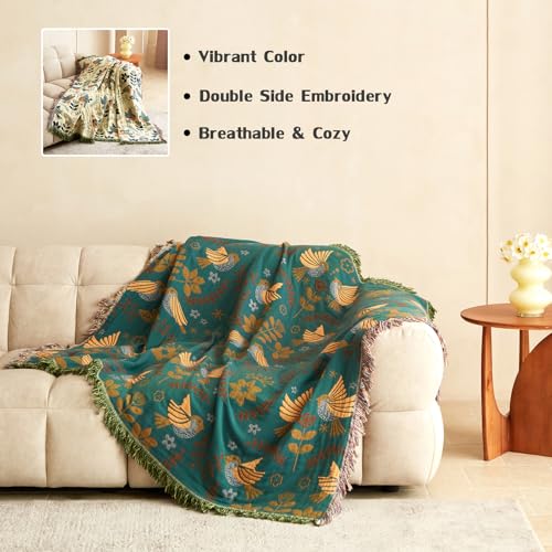 LUTBM Boho Throw Blanket for Couch 100% Cotton Ultra Soft Rustic Quilt Birds and Floral Double Embroidery Fall Throw Blankets,50"×60" All Season Throws for Sofa Chair - Image 3