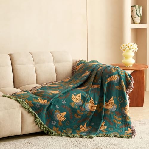 LUTBM Boho Throw Blanket for Couch 100% Cotton Ultra Soft Rustic Quilt Birds and Floral Double Embroidery Fall Throw Blankets,50"×60" All Season Throws for Sofa Chair - Image 5