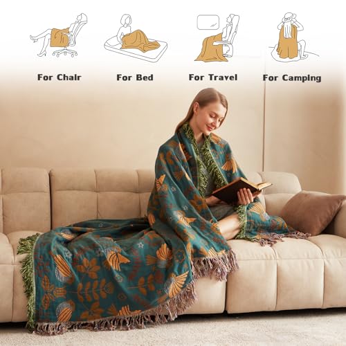 LUTBM Boho Throw Blanket for Couch 100% Cotton Ultra Soft Rustic Quilt Birds and Floral Double Embroidery Fall Throw Blankets,50"×60" All Season Throws for Sofa Chair - Image 4