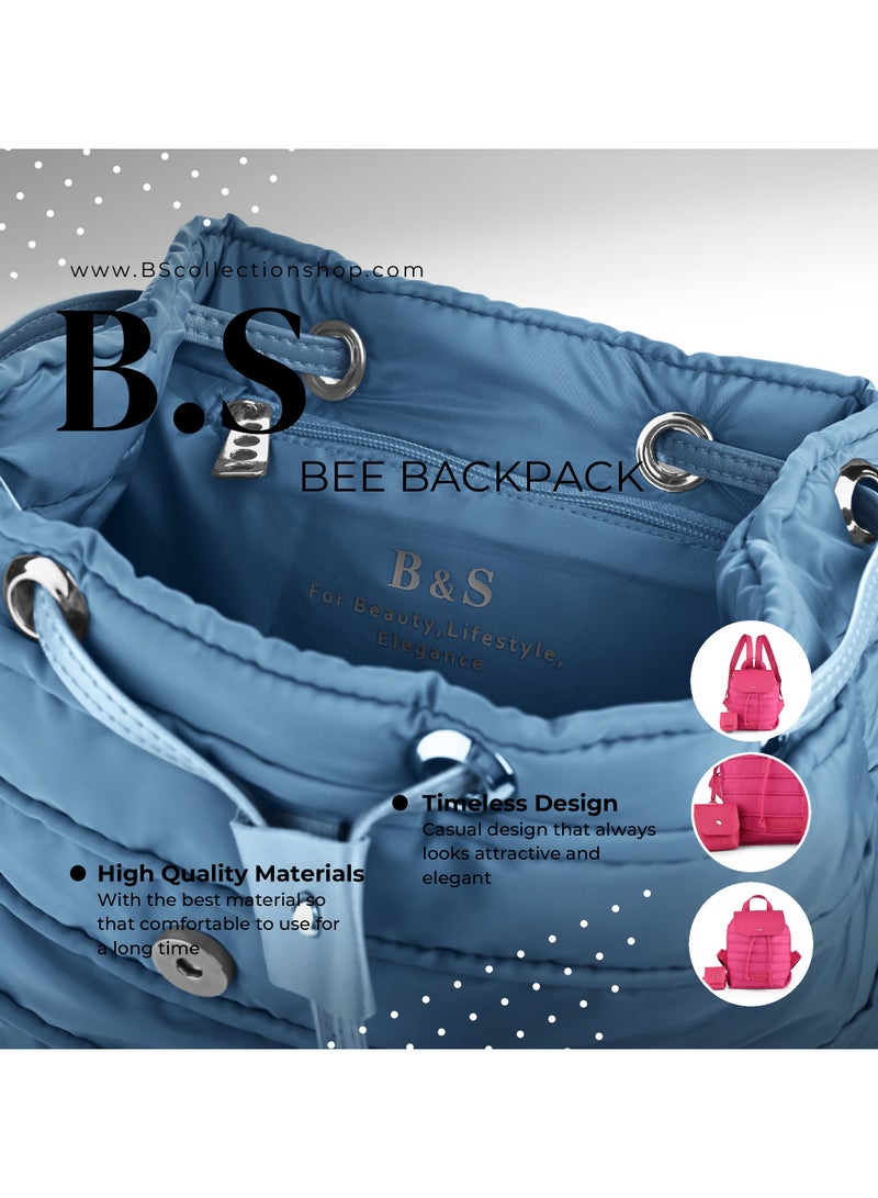 B.S COLLECTION Women's Backpack in Soft Fabric Waterproof Quilted Design Babyblue BEE BACKPACK  - Image 4