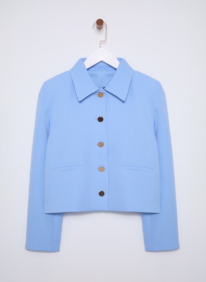 trendyol جاكيت بليزر منسوج مزود بأزرار بتفاصيل محاصيل زرقاء بياقة قميص - Image 5