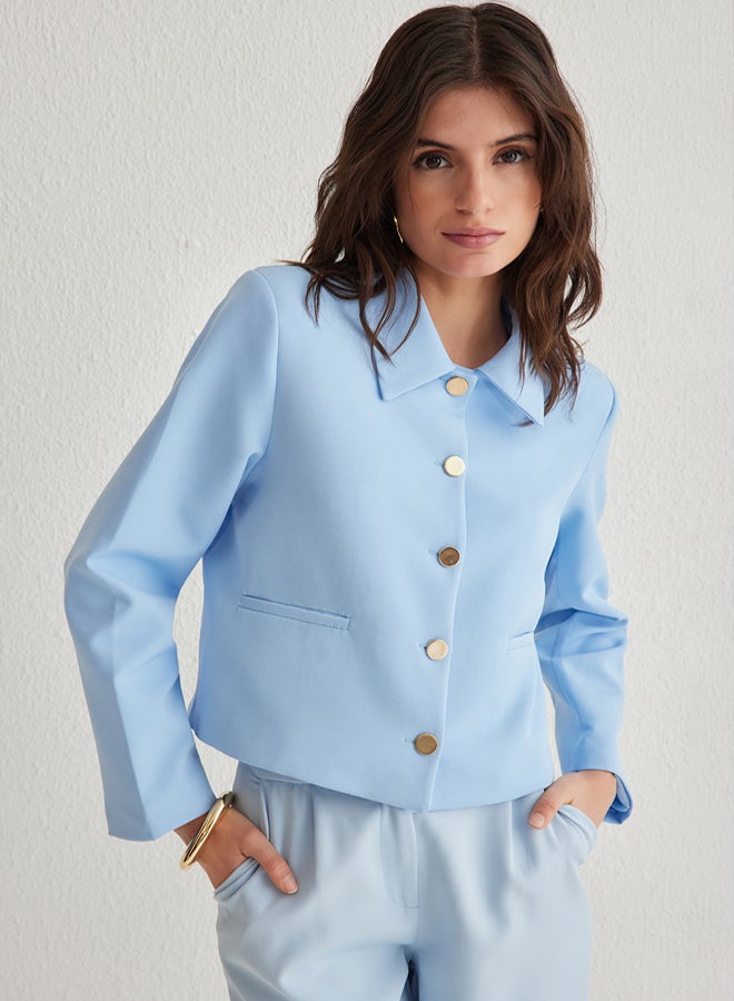 trendyol جاكيت بليزر منسوج مزود بأزرار بتفاصيل محاصيل زرقاء بياقة قميص - Image 1