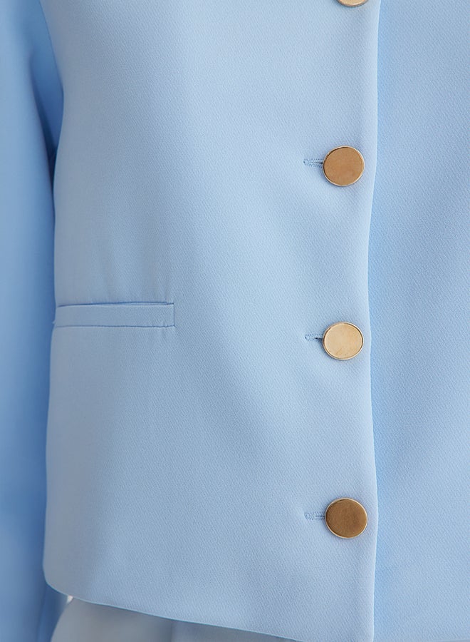 trendyol جاكيت بليزر منسوج مزود بأزرار بتفاصيل محاصيل زرقاء بياقة قميص - Image 4