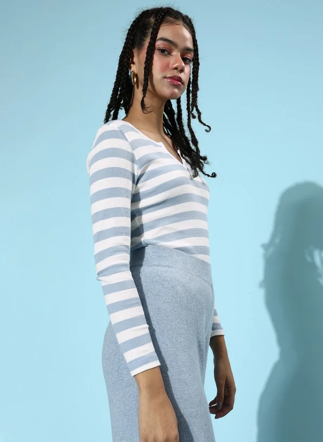 ساسافراس Blue Striped Knitted T-Shirt for Women