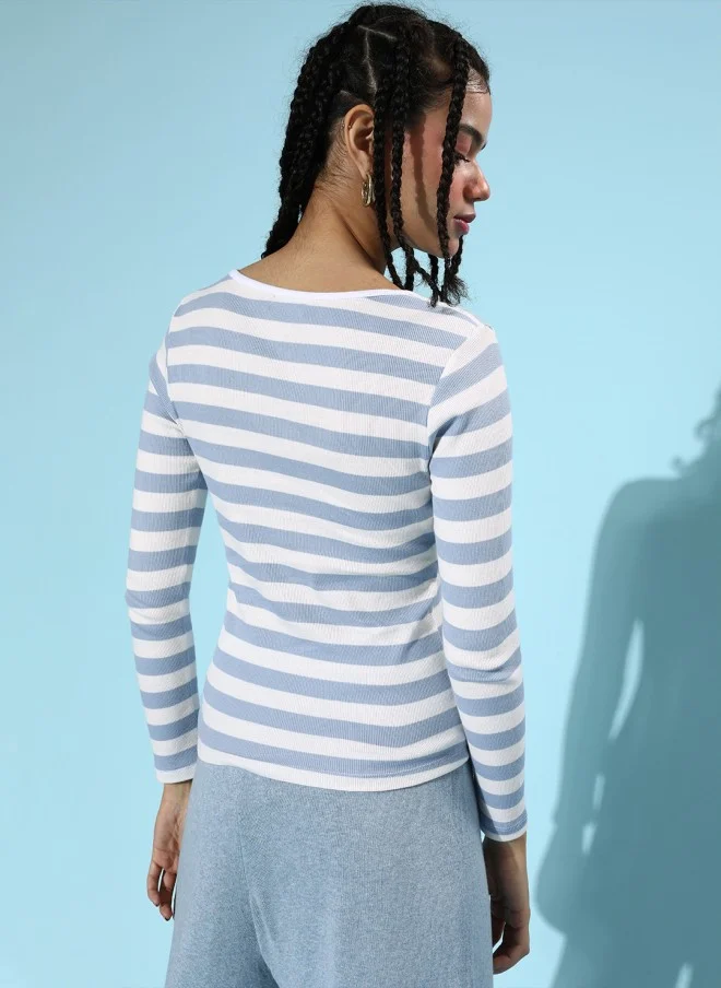 ساسافراس Blue Striped Knitted T-Shirt for Women