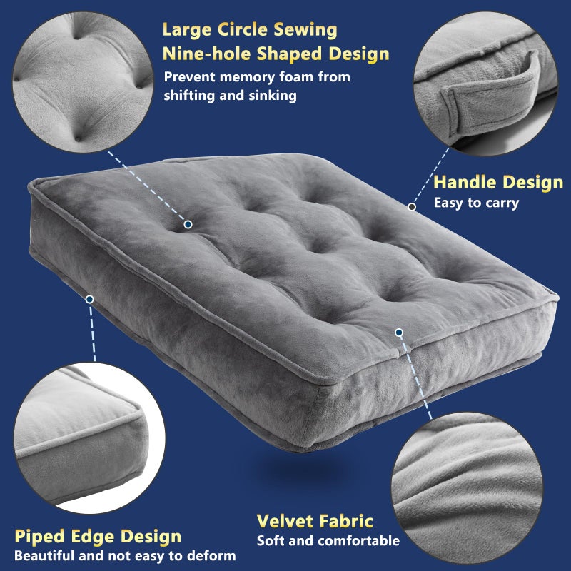1 MIDDLE ONE Floor Pillow Set of 2, Memory Foam Meditation Cushion, Floor Cushions for Adults Sitting, Large Square Seat Cushions for Yoga, Living Room, 20x20 Inch (Grey) - Image 4