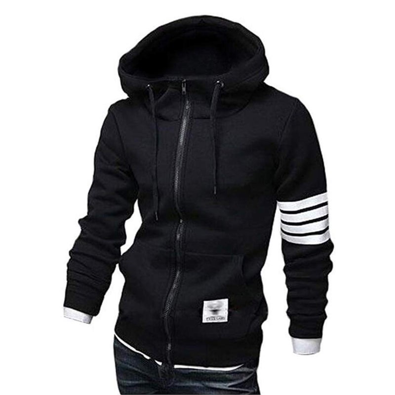 ZUEVI Men's Casual Striped Drawstring Hooded And Zipper Closure Hoodies Slim Fit Lightweight Sweatshirt (BLACK-S1)