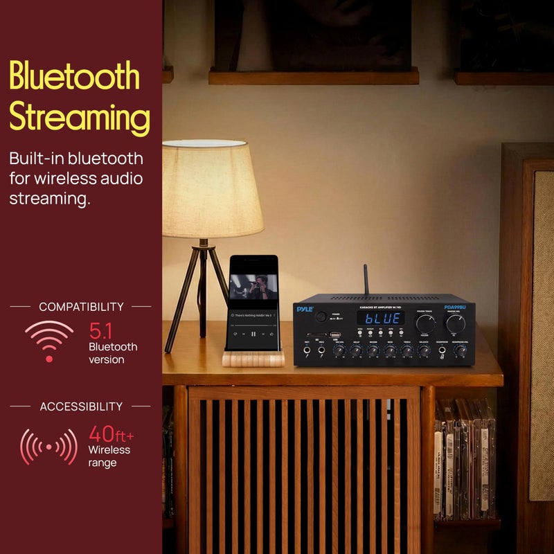 Pyle Wireless Bluetooth Streaming Amplifier, 200W Multi Channel Home Audio Receiver with Hi Def in/Out, Optical/Coaxial, FM Radio, USB/SD, AUX, RCA, Mic in, and BT/FM Antenna - Image 2
