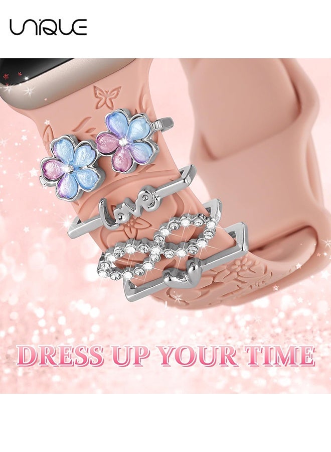 يونيك مجموعة 4 قطع من مشابك تزيين الساعة - زر زخرفي على شكل زهور ملونة - زر زخرفي على شكل قلب مرصع بالكريستال - متوافقة مع أحزمة ساعة آبل - 38 مم 40 مم 41 مم 42 مم 44 مم 45 مم 49 مم - لسلسلة iWatch Ultra 9 8 7 6 5 4 3 2 1 SE، خاتم زخرفي للساعة الذكية (بدون حزام) - Image 3