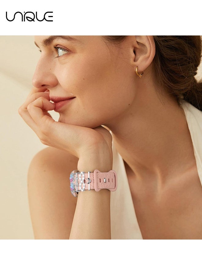 يونيك مجموعة 4 قطع من مشابك تزيين الساعة - زر زخرفي على شكل زهور ملونة - زر زخرفي على شكل قلب مرصع بالكريستال - متوافقة مع أحزمة ساعة آبل - 38 مم 40 مم 41 مم 42 مم 44 مم 45 مم 49 مم - لسلسلة iWatch Ultra 9 8 7 6 5 4 3 2 1 SE، خاتم زخرفي للساعة الذكية (بدون حزام) - Image 4