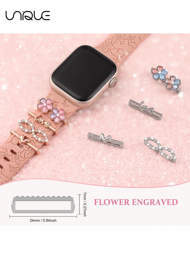 يونيك مجموعة 4 قطع من مشابك تزيين الساعة - زر زخرفي على شكل زهور ملونة - زر زخرفي على شكل قلب مرصع بالكريستال - متوافقة مع أحزمة ساعة آبل - 38 مم 40 مم 41 مم 42 مم 44 مم 45 مم 49 مم - لسلسلة iWatch Ultra 9 8 7 6 5 4 3 2 1 SE، خاتم زخرفي للساعة الذكية (بدون حزام) - Image 2